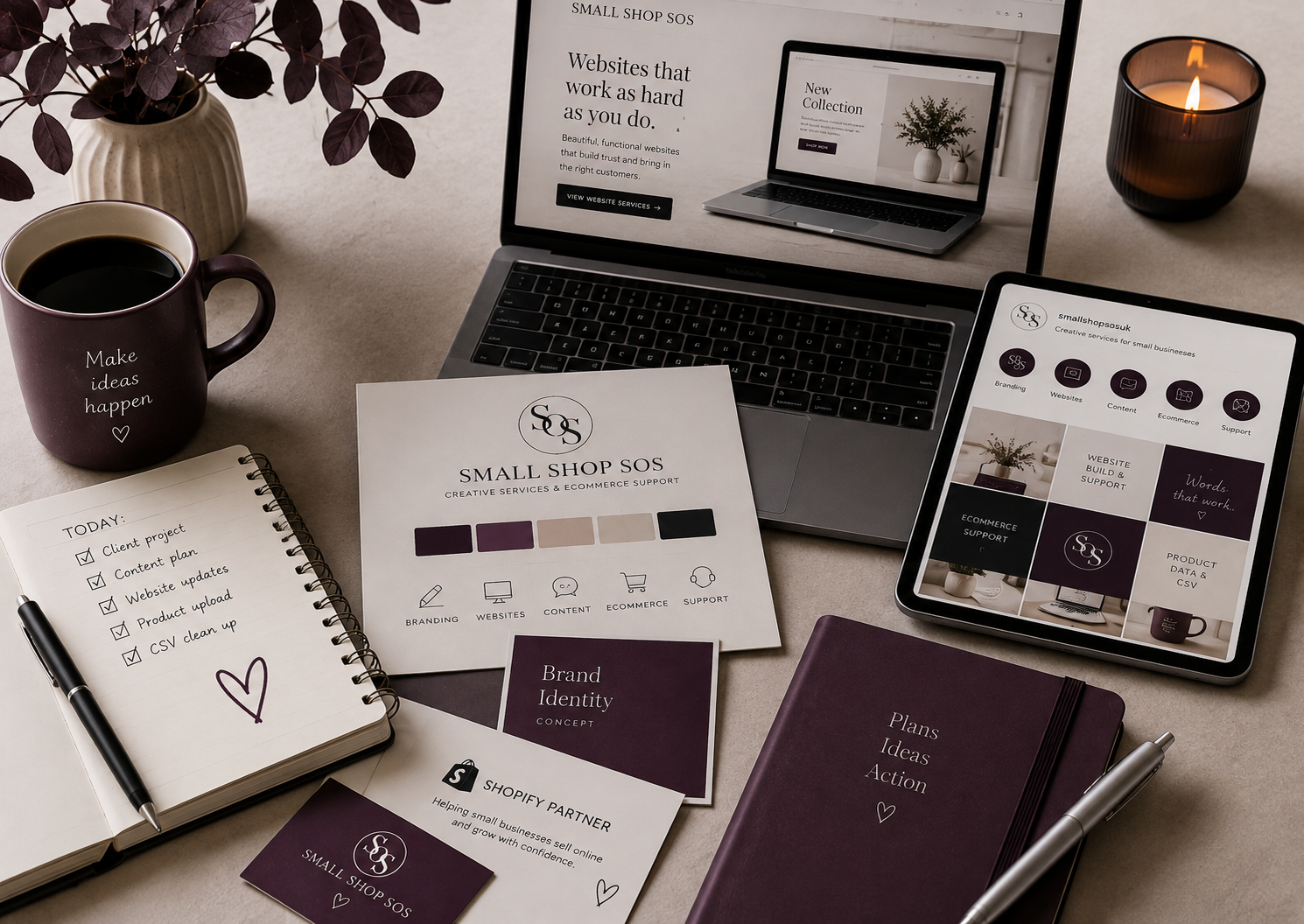 Small Shop SOS creative and practical work: website screens, notes, branding materials and Shopify Partner card