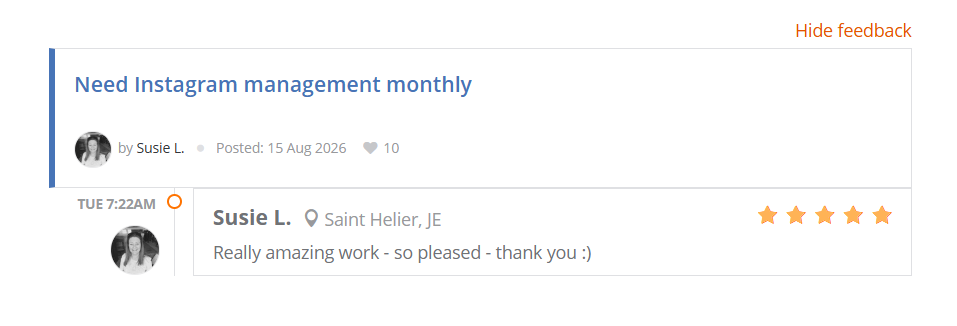 Five-star PeoplePerHour review from Susie L: Really amazing work - so pleased - thank you :)